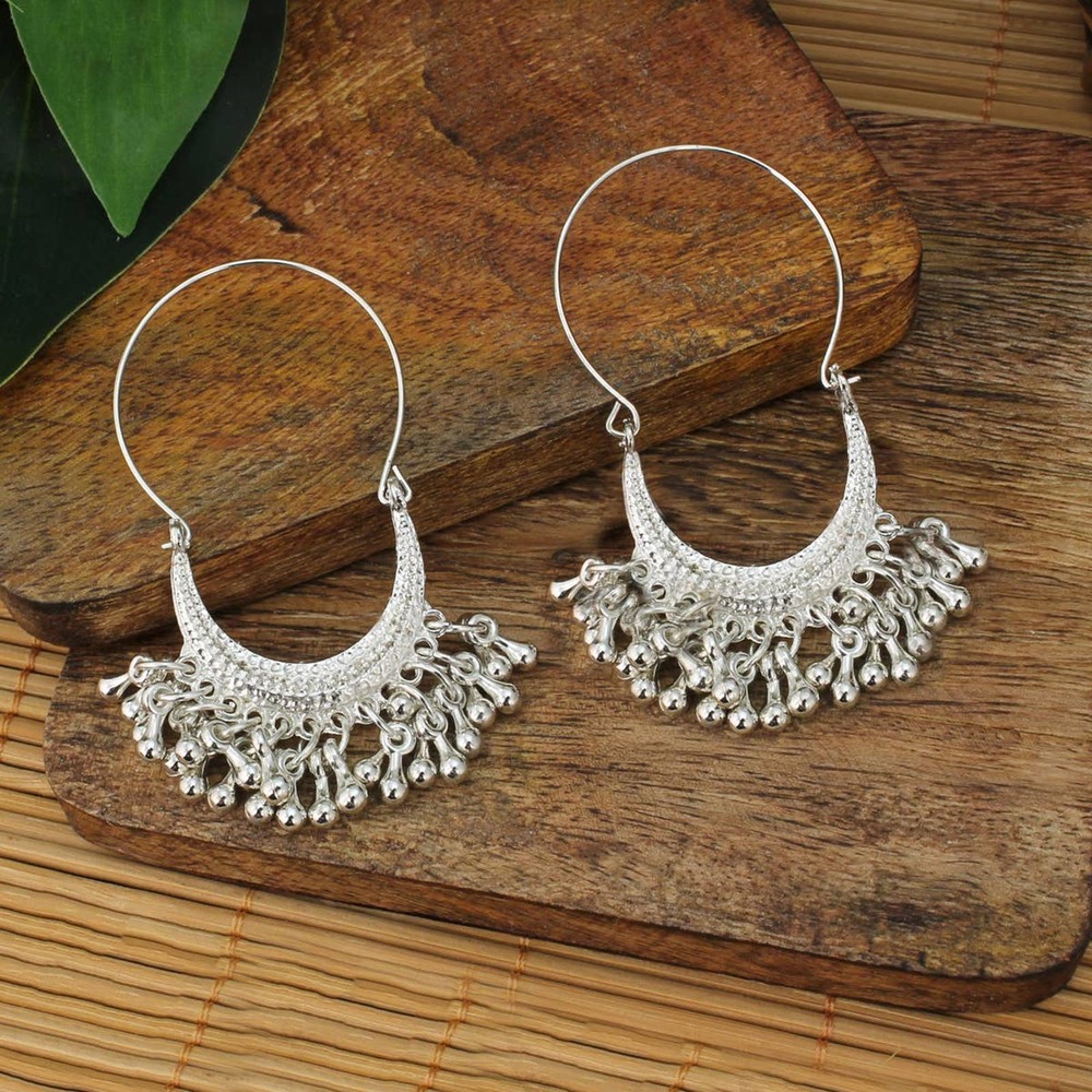 Silver Teardrop Bead Dangle Boho Crescent Hoop Earrings